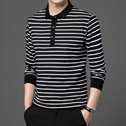 Fashion Men Striped Polo Shirts Spring Autumn Long Sleeve Lapel Cotton Tee Shirt Male Clothes Casual Business T-Shirt 240313