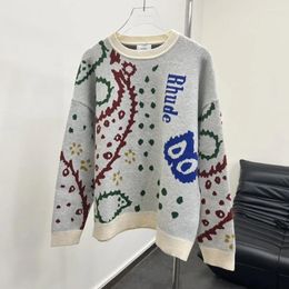 Men's Sweaters High Quality 22SS Cashew Flower Letter Logo Colourful Jacquard Retro Crew Neck Men Women