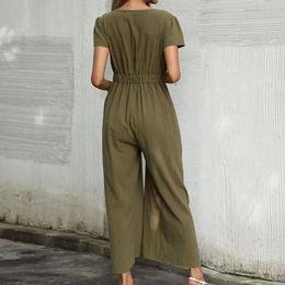 Women's Pants Hollow Jumpsuit Women Stylish Summer Jumpsuits V-neck Lace-up Romper Wide Leg Streetwear Casual Short Sleeve