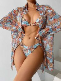 Swim wear Sexy Long Sleeve Swimsuit Womens Fashion High Waist Bikini Covering Summer Beach Wear Push Up Ethnic Style aquatic sports 240311