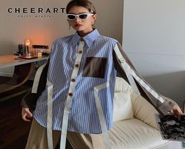 England Style Blue Striped Long Sleeve Blouse Women Ribbon Colour Block Button Down Shirt Designer Top 2021 Fashion Women039s Bl7766094