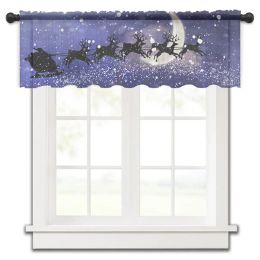 Curtains Christmas Night Scene Santa Claus Reindeer Small Window Curtain Tulle Sheer Short Curtain Living Room Home Decor Voile Drapes