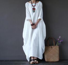 Cotton Linen White Maxi Dress Women Spring Summer Loose Plus Size Big Hem Boho Robe Long Dresses ThreeQuarter Sleeve Kaftan 5XL L5309496