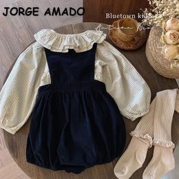 Korean Style Spring Autumn Fashionable Sets Doll Neck Striped ShirtsFlower Bud Strap Solid Overalls for Kids Girl H3005 240301