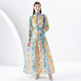 Casual Dresses 2024 Style Fashion Elegant Loose Women's Stand Collar Lantern Sleeve Wave Edge Long Painted Print Dress