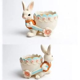 Cute Cartoon Rabbit Plant Pot Easter Decorative FlowerPot Mini Resin Rabbit Planter Cactus Succulent Container Home Garden Decor 240311