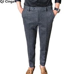 QJ CINGA Grey Mens Woollen Pants AutumnWinter Thick Trousers Men Slim Business Pantalones Hombre Fashion Slacks 2836 240305