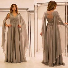 Elegant Long Grey Mother Of The Bride Dress Shawl Sleeves Appliques Chiffon Floor Length Women Formal Gowns Custom Size