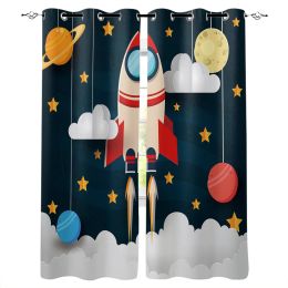 Curtains Outer Space Cartoon Cute Spaceship Rocket Curtains for Children's Bedroom Living Room Kids Window Treatments Kitchen Drapes