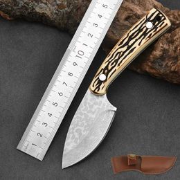 Camping Hunting Knives Sharp Fixed Blade Simulated Bone Handle Mongolian Outdoor Barbecue Meat Cutter With Leather Case 240312