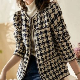 Vintage Early Autumn Tweed Women Jacket ins Style Elegant Gentlewomen Black White Tweed Lady Winter Cardigan Outwear 240229