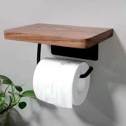 Toilet Paper Holders Toilet Paper Holder with Natural Walnut Wooden Shelf Tissue Roll Hanger Wall Mounted Paper Towel Bar 304 Stainless Steel Paper 240313