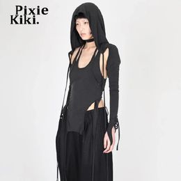 PixieKiki Fairy Grunge Long Sleeve Hooded Crop Top Y2k Streetwear Strappy Asymmetrical Trendy Sexy T Shirts for Women P71-CH30240313