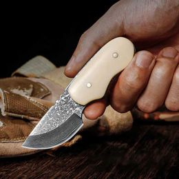 Camping Hunting Knives Dropship Ox Bone Handle Damascus Steel Knife Fixed Sharp Camping Knife Fruit Cutter Survival Tool 240315