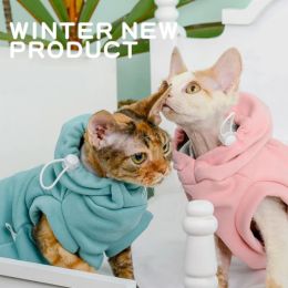 Clothing Sphynx Cat Clothes Winter Thick Hooded Sweatshirt for Kittens Soft Fleece Sleeveless Coat for Devon Rex Blue Loungewear for Cats