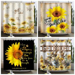 Curtains Autumn Sunflower Shower Curtain Rustic Sunflowers Cat Flower Butterfly Floral Wood Waterproof Bathroom Shower Curtain Home Decor