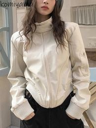 Komiyama Stand Collar Zipper PU Leather Woman Jackets Loose Casual Moto Jaquetas Long Sleeve Chaqueta Mujer Fall Coats 240227
