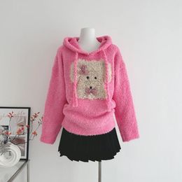 Women's Sweaters 2024 Autumn/Winter Korean Edition Cute Dog Hooded Long Sleeved Sweater High Street Casual Design Pink Bow Y2K Top