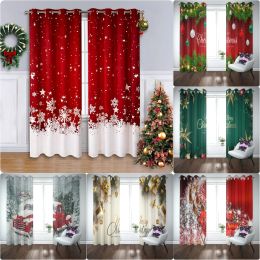 Curtains Cartoon Christmas Happy New Year Red Green Kids Window Curtains for Living Room Bedroom Kitchen Door Hall Home Decor New Year