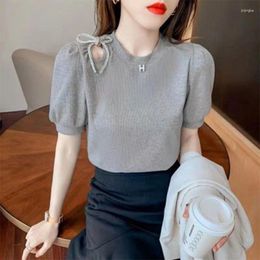 Women's T Shirts 2024 Summer Round Neck Hollow Out Lace Up T-shirt Female Puff Short Sleeve All-match Top Women Loose Casual Solid Pullover