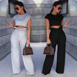 Women's Two Piece Pants Solid Short Sleeve Crop Top Wide Leg Set Fashion Casual Design Hight Waist Tracksuit Women Outfits