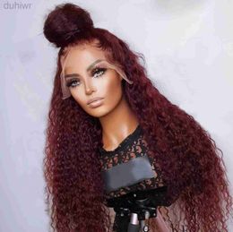 Synthetic Wigs Preplucked 26Inch Long Glueless Burgundy 99J Kinky Curly Synthetic Lace Front Wig For Black Women Hair ldd240313