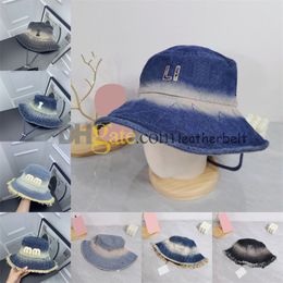 Gradient Bucket Hat Women Men Denim Fisherman Hat Brand Letter Wide Brim Sun Hats Contrast Colour Vacation Bucket Cap