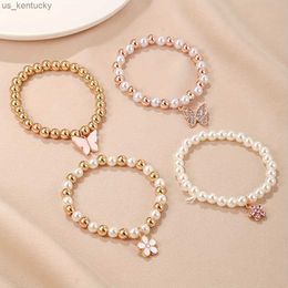 Charm Bracelets Platinum Plated Girls Bracelet Set - Cute Butterfly Daisy Heart Charms Faux Pearl Bead Perfect Gift for Her (4pcs)