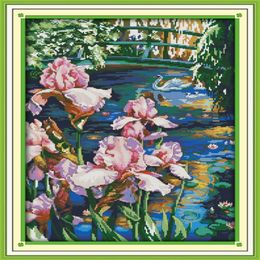 Iris pool Swan lake room decor painting Handmade Cross Stitch Embroidery Needlework sets counted print on canvas DMC 14CT 11CT250G