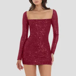 Casual Dresses Square Neck Slim Bodycon Mini Dress For Women Long Sleeve Sparkly Glitter Party Elegant Sexy Sequin Hip Wrapped