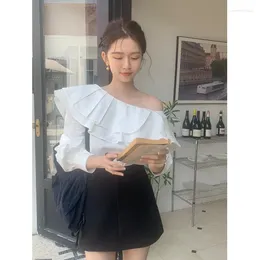 Women's Blouses Irregular Ruffled Off-Shoulder Shirt Office Lady Long-Sleeved Top 2024 Spring Autumn Elegant Banquet Clothing