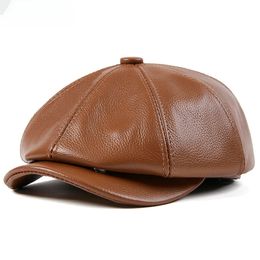 Leather Octagonal Hat Men Autumn Winter Korean Version Warm Beret Retro Fashion Cap Caps Casual sboy Unisex 240229