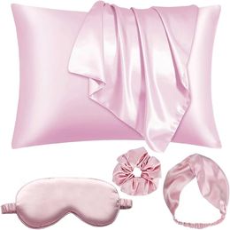 Satin Silk Pillowcase with Eye Mask Scrunchies headbands Set Pillowslip Sleep Eyeshade Headband