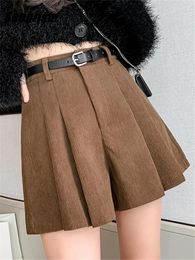 Women's Shorts Seoulish Autumn Winter Corduroy Pleated With Belted 2024 High Waist Classic A-Line Short Trousers Female