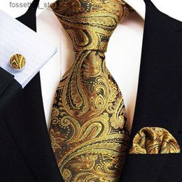 Neck Ties Gold Paisley Silk Ties For Men Luxury 8cm Royal Striped Necktie Pocket Square Cufflinks Set Jacquard Weave Tie Suit Accessories L240313