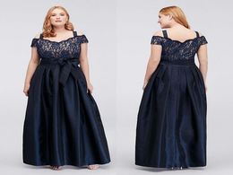 Dark Navy Plus Size Lace Prom Dresses Off The Shoulder Evening Gowns With Sash A Line Cheap Taffeta Floor Length Formal Dress4884704