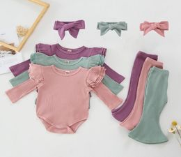 Baby Girl Clothes Toddler Solid Romper Flare Pants Headband 3pcs Sets Cotton Long Sleeve Girls Outfits Boutique Baby Clothing DW562418743