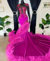 O Pink Neck Evening Dress for Black Girls Birthday Party Dresses Beaded Appliques Ruffles Prom Gowns Mermaid Robe De Bal es