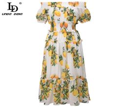 Summer Sexy Off shoulder Lemon print Beach Kneelength Dress Designer Women Vintage Elegant A Line 2105227942521