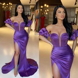 Elegant purple mermaid prom dress illusion neck pleats waist formal evening dresses elegant dresses for special occasions split robe de soiree