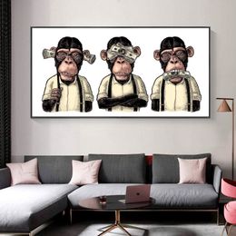 Canvas Painting Three Monkeys Gorilla with Money Posters and Prints Animal Pictures Abstract Cuadros Wall Art for Living Room Mode228z