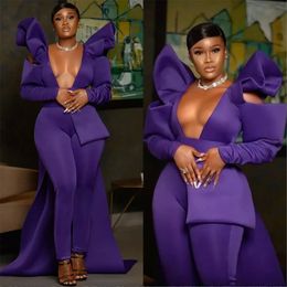 Jumpsuit Prom Purple Dresses Long Sleeves Plunging V Neck Ruffles Sweep Train Evening Party Gowns Plus Size Custom Made Formal Ocn Wear