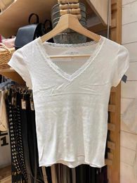 Women's T Shirts White Lace Ribbed Basic Shirt For Women Summer Cotton V Neck Short Sleeve Tees Tops Sweet Girls Solid Slim T-shirts Y2k