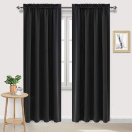 Curtains 1Pc Black Blackout Curtains Light Reducing Thermal Insulated Grommet Black Out Curtains Panels Drapes for Living Room Bedroom