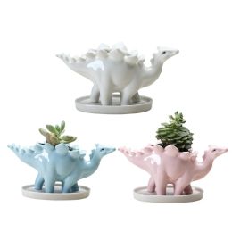 Planters Creative Ceramic Stegosaurus Flower Pot, Succulent Garden, Desktop Vase Decoration with Tray, Dinosaur Flower Planter