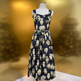 European fashion brand Cotton black Sacred Heart flower printed sleeveless gathered waist midi dress