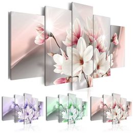 5PCS Set Purple Green Pink Magnolia Flower Art Print Frameless Canvas Painting Wall Picture Home269i