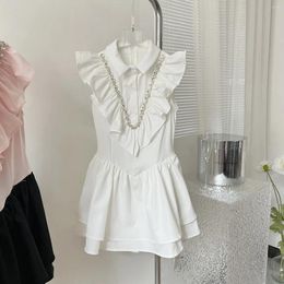 Casual Dresses 2024 Summer Women White Ruffles Short Dress Sleeveless Pink Patchwork Shirt Female Robe Kleid