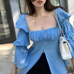 Women's Blouses Blue Split Top 2024 Summer Sexy Blouse Thin Wrap Chest Long Sleeve French Square Neck Shirts