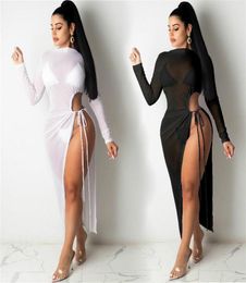 Casual Dresses 2022 Women Mesh Sheer Maxi Split Dress Summer Long Sleeve See Through Bodycon Club Sexy Beach Swimwear Coverups1362708